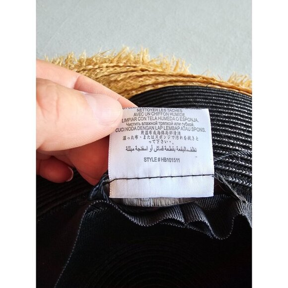 BCBGMAXAZRIA Black & Natural Frayed Brim Sun Hat 80% Paper 20% Raffia Womens - Picture 3 of 7